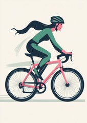 Obraz premium Minimalist Flat Illustration of an Elegant Female Cyclist on a Pink Road Bike