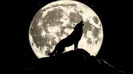 A lone wolf howls at the full moon in a dark night sky.
