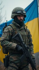 Naklejka premium Ukrainian soldier standing in front of Ukrainian flag military patriotism