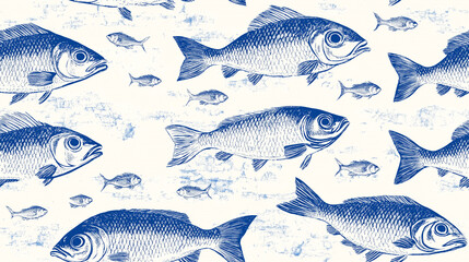 Seamless Pattern with Blue Fish on White Background for Fabric or Wrapping Paper