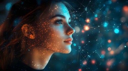 A woman with a serene expression, subtle cybernetic enhancements representing neuroprosthetics, surrounded by flowing neural network patterns, symbolizing resilience