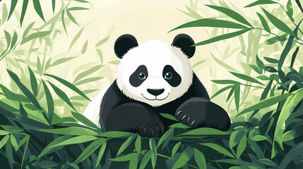 A cute panda is sitting on the leaves of bamboo. Storm Giant. Illustration