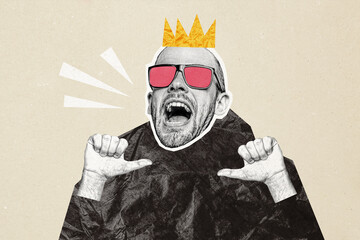 Composite photo collage of happy man point himself wear sunglass head crown vip king privilege...