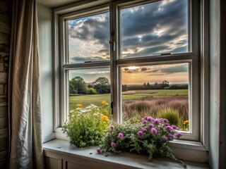 Fototapeta premium Serene Countryside Window View with Nature's Beauty and Copy Space for Tranquil Living Inspiration