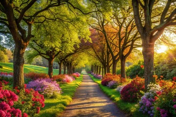 Naklejka premium Serene Countryside Lane with Blooming Trees - Perfect Nature Retreat