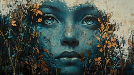 Blue and Gold Portrait with Floral Elements