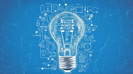 A light bulb illustration surrounded by a circuit design on a blue background.