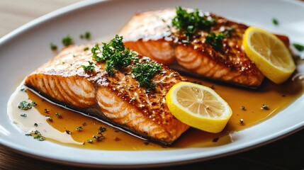 Grilled salmon with lemon slices. Perfect for showcasing healthy and delicious recipes.