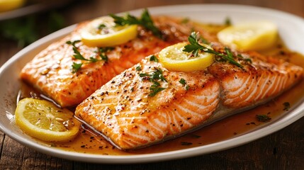 Two pieces of grilled salmon on a plate. This image is perfect for showcasing healthy eating and delicious food.