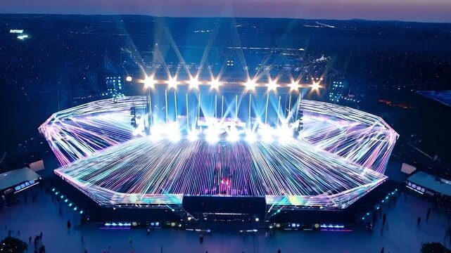 Stadium concert venue glows with a spectacular light show at dusk, creating an electrifying atmosphere for the audience