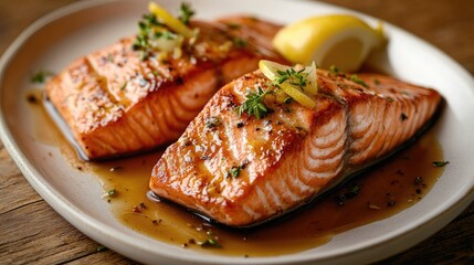 Grilled salmon with lemon and herbs. This image is perfect for menus, recipe websites, or food blogs.