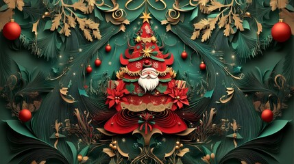 3d rendered christmas background with christmas tree and santa claus for greeting card