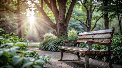 Serene Park Scene with Wooden Bench Under Lush Green Trees for Nature Lovers and Relaxation