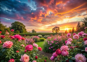 Fototapeta premium Serene Pink Flower Garden at Sunrise - Calming Floral Background for Girly Aesthetics