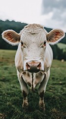 A white cow with brown ears stands in a grassy field, looking directly at the camera.