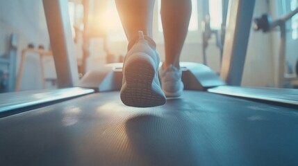 Naklejka premium Close-up of a woman's feet running on a treadmill in a gym.