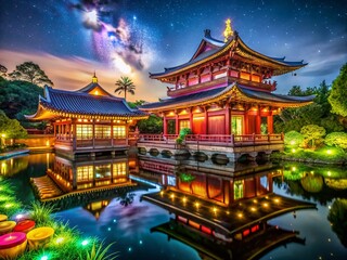 Obraz premium Serene Zen Buddhist Temple at Night - Tranquil Architecture and Peaceful Atmosphere