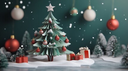3d vector paper art greeting card with christmas tree and ornaments