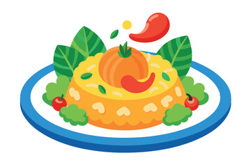 Bulgar pilaf with shrimps bell peppers and greens on a plate vector