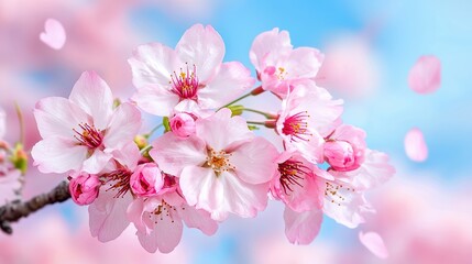 Fototapeta premium Beautiful pink cherry blossoms against a blue sky, symbolizing spring and renewal.