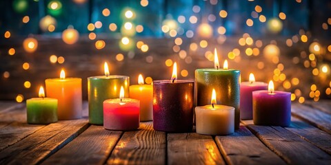 Softly Glowing Candles on Rustic Wood Table with Bokeh Lights - Serene Atmosphere for Relaxation and Warmth