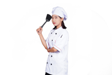 Asian woman chef in uniform thinking isolated transparent
