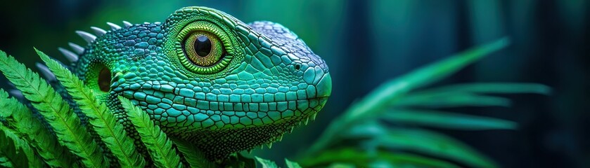Close-up of a vibrant green iguana amidst lush tropical foliage.