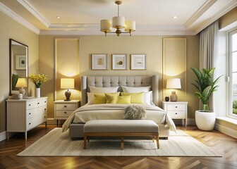 Spacious Yellow and White Bedroom with Open Layout | Modern Interior Design Inspiration