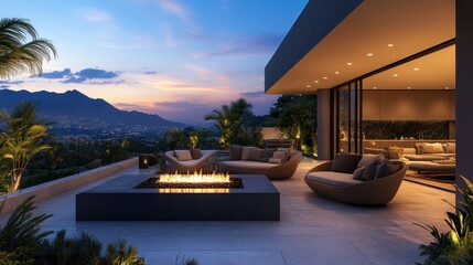 Obraz premium Modern Outdoor Lounge with Fire Pit at Sunset