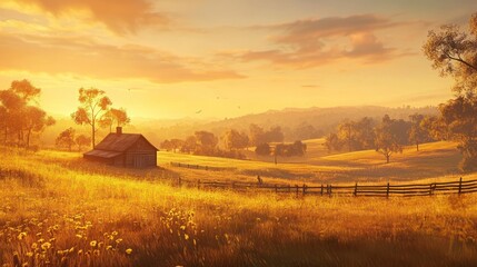 A lone cabin sits on a grassy hill at sunset.