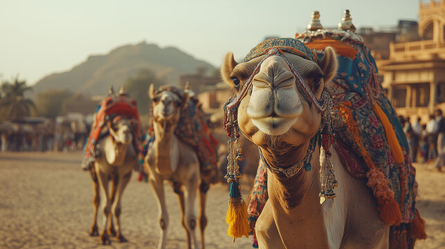 Marwar Festival, parade of camels adorned with traditional jewellery walking through sandy roads with the Aravalli mountains in the background, Ai generated images