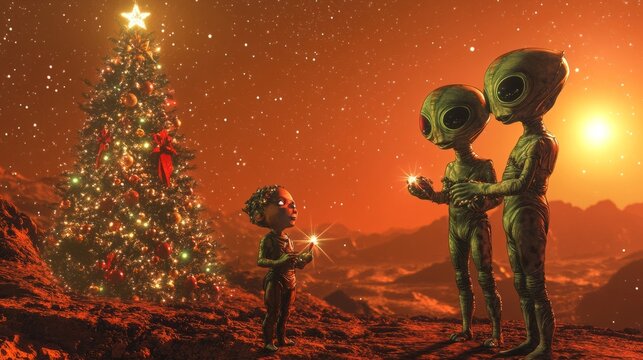 alliens around the christmas tree. 3d rendered illustration for greeting card