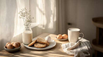 Fototapeta premium Elegant Breakfast Advertisement Featuring Milk with Cookies and Eggs in a Sunlit Setting