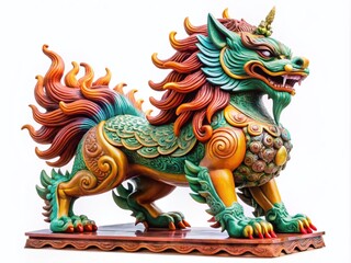 Stone Kylin Statue &ndash; Mythical Chinese Qilin Sculpture Isolated on White Background for Documentary Photography