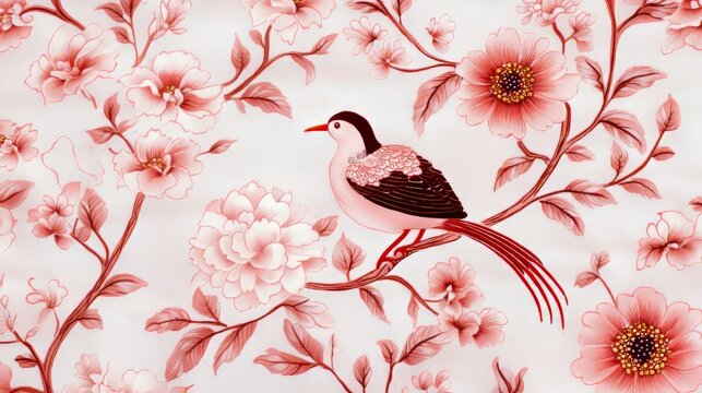 Close-up of Indonesian Batik pattern, traditional bird and flower motifs in soft pastel colors, fine detailing on woven fabric