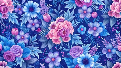 Seamless blue purple floral pattern with pink flowers