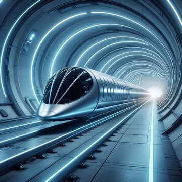 "Futuristic Hyperloop Pod in Motion
A hyperloop pod speeding through a futuristic tunnel, representing revolutionary high-speed transportation.