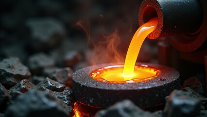 Molten metal pouring into a mold with steam rising in an industrial foundry	