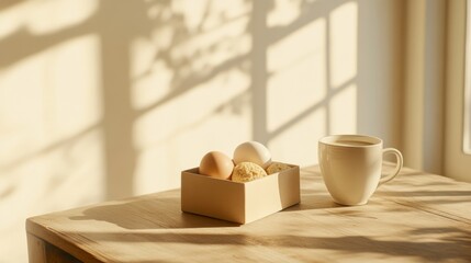 Elegant Breakfast Advertisement Featuring Milk with Cookies and Eggs in a Sunlit Setting


