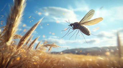 A mosquito flies over a golden field of wheat on a sunny day.