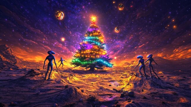 abstract 3d illustration with alliens standing by christmas tree on red landscape for greeting card