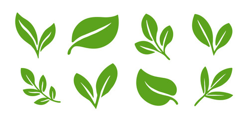 Eco leaf logo icon set. Green leaves flat shapes. Healthy food, bio, vegan, organic product concept design