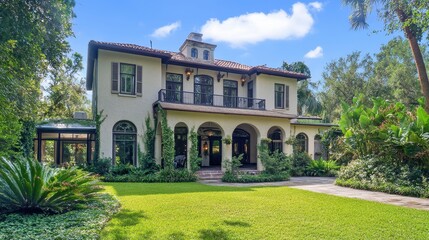 Obraz premium Elegant Mediterranean-Style Home Surrounded by Lush Landscape
