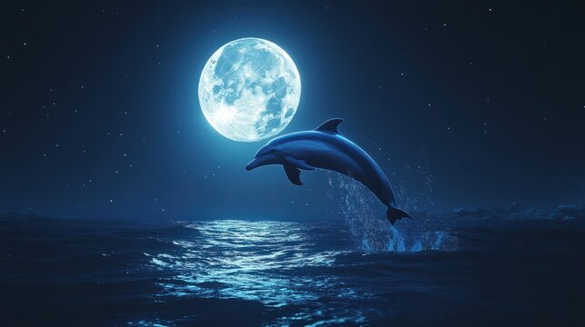 A striking image of a dolphin glowing under moonlight, captured mid-air as it leaps towards the full moon, its sleek form highlighted against the deep blue night sky.