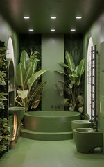 Green bathroom with lush plants  modern design  relaxing spa atmosphere   
