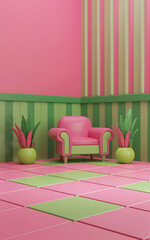Pink armchair and green plants in a playful  cartoon-style room  perfect for children s illustration or design   