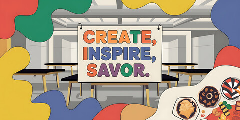 Colorful abstract shapes frame a sign with the words  Create  Inspire  Savor  and a table setting  conveying a modern  optimistic  and inviting atmosphere   