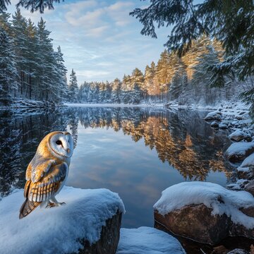 Schnee-Eule in schneebedecktem Wald am Fluss bei Sonnenaufgang