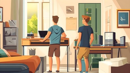 Father and Son Arranging a Desk in Bright Dorm Room