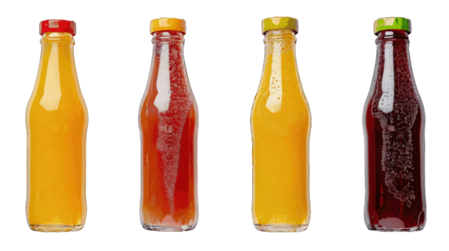 Various set of colors fresh fruit juice in glass bottles isolated on transparent background
